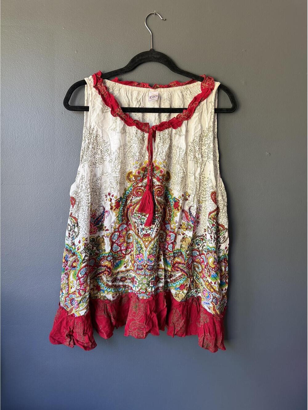 Bila Women's XXL Bohemian Sleeveless Top with Red Trim